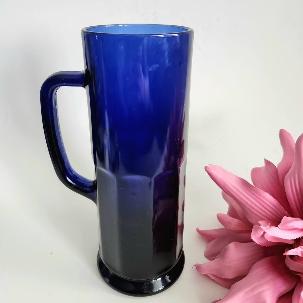 Tall Cobalt Blue Glass Beer Mug with Handle, Vintage Style Drinkware, Glass Vase